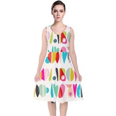 Scandinavian Folk Art Halfsies V-neck Midi Sleeveless Dress  by andStretch