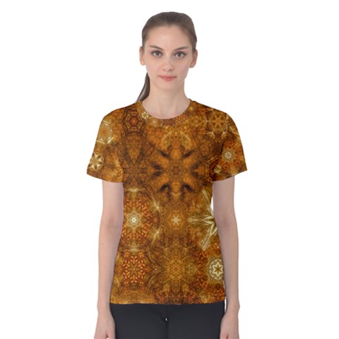 Women s Cotton Tee - Whimsical Golden Snowflake Mandala Starry Pattern by Graphika