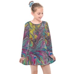 Abstract Marbling Kids  Long Sleeve Dress by kaleidomarblingart