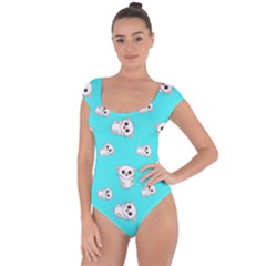 Azure Blue And Crazy Kitties Pattern, Cute Kittens, Cartoon Cats Theme Short Sleeve Leotard  by Casemiro