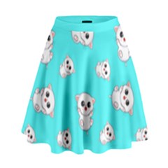 Azure Blue And Crazy Kitties Pattern, Cute Kittens, Cartoon Cats Theme High Waist Skirt by Casemiro