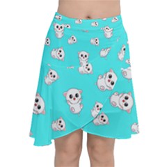 Azure Blue And Crazy Kitties Pattern, Cute Kittens, Cartoon Cats Theme Chiffon Wrap Front Skirt by Casemiro