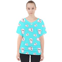 Azure Blue And Crazy Kitties Pattern, Cute Kittens, Cartoon Cats Theme V-neck Dolman Drape Top by Casemiro