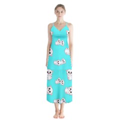 Azure Blue And Crazy Kitties Pattern, Cute Kittens, Cartoon Cats Theme Button Up Chiffon Maxi Dress by Casemiro