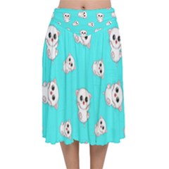 Azure Blue And Crazy Kitties Pattern, Cute Kittens, Cartoon Cats Theme Velvet Flared Midi Skirt by Casemiro