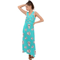 Azure Blue And Crazy Kitties Pattern, Cute Kittens, Cartoon Cats Theme V-neck Chiffon Maxi Dress by Casemiro