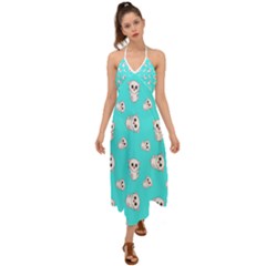 Azure Blue And Crazy Kitties Pattern, Cute Kittens, Cartoon Cats Theme Halter Tie Back Dress  by Casemiro