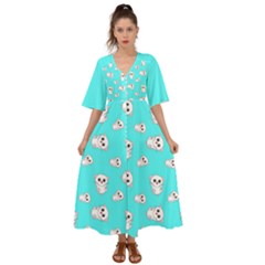 Azure Blue And Crazy Kitties Pattern, Cute Kittens, Cartoon Cats Theme Kimono Sleeve Boho Dress by Casemiro