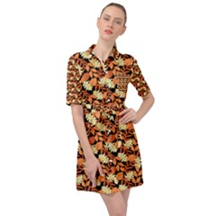 Autumn Leaves Orange Pattern Belted Shirt Dress by designsbymallika