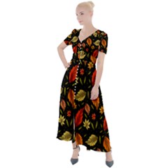 Golden Orange Leaves Button Up Short Sleeve Maxi Dress by designsbymallika