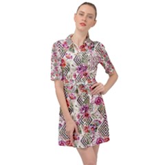 Geometric Flowers Belted Shirt Dress by goljakoff