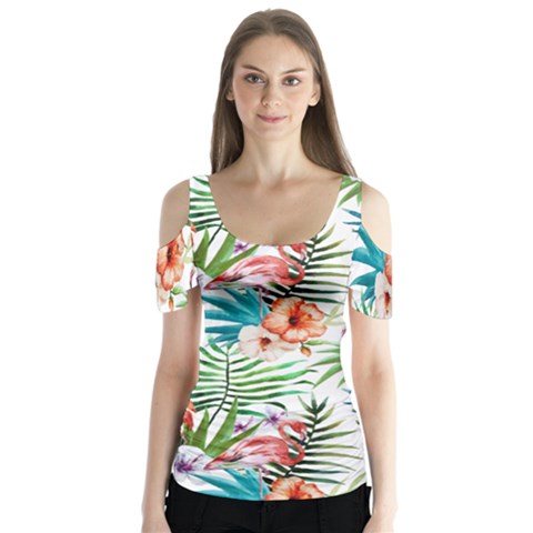 Tropical Flamingos Butterfly Sleeve Cutout Tee  by goljakoff