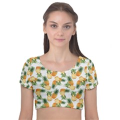 Tropical Pineapples Velvet Short Sleeve Crop Top  by goljakoff