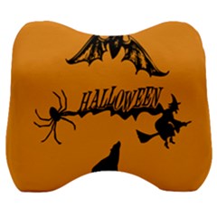 Happy Halloween Scary Funny Spooky Logo Witch On Broom Broomstick Spider Wolf Bat Black 8888 Black A Velour Head Support Cushion by HalloweenParty