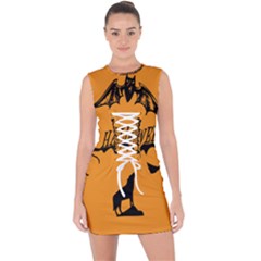 Happy Halloween Scary Funny Spooky Logo Witch On Broom Broomstick Spider Wolf Bat Black 8888 Black A Lace Up Front Bodycon Dress by HalloweenParty