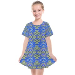 Gold And Blue Fancy Ornate Pattern Kids  Smock Dress by dflcprintsclothing