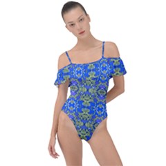 Gold And Blue Fancy Ornate Pattern Frill Detail One Piece Swimsuit by dflcprintsclothing