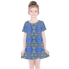 Gold And Blue Fancy Ornate Pattern Kids  Simple Cotton Dress by dflcprintsclothing