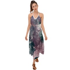 Teal And Purple Alcohol Ink Halter Tie Back Dress  by Dazzleway