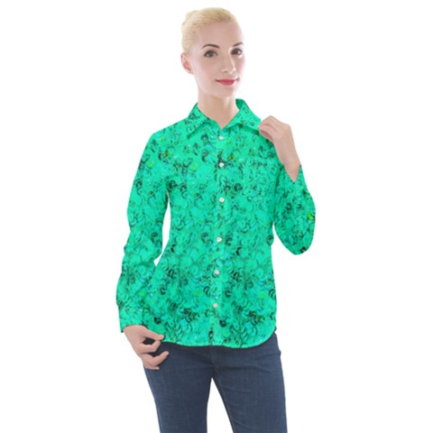 Aqua Marine Glittery Sequins Women s Long Sleeve Pocket Shirt by essentialimage