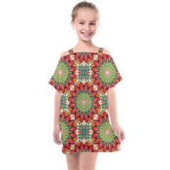 Red Green Floral Pattern Kids  One Piece Chiffon Dress by designsbymallika