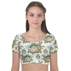 Vintage Flowers Pattern Velvet Short Sleeve Crop Top  by goljakoff