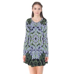 Calm In The Flower Forest Of Tranquility Ornate Mandala Long Sleeve V-neck Flare Dress by pepitasart