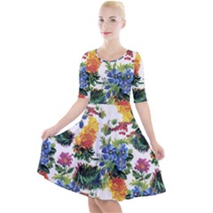 Flowers Pattern Quarter Sleeve A-line Dress by goljakoff