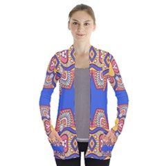 Yellow Red Shapes On A Blue Background                                                         Women s Open Front Pockets Cardigan by LalyLauraFLM