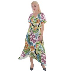 Peacock Pattern Cross Front Sharkbite Hem Maxi Dress by goljakoff