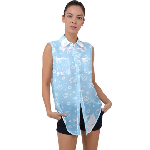 Flower Illustrations Sleeveless Chiffon Button Shirt by HermanTelo