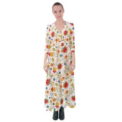 Red Yellow Flower Pattern Button Up Maxi Dress by designsbymallika