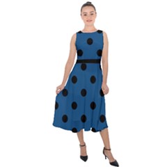 Large Black Polka Dots On Classic Blue - Midi Tie-back Chiffon Dress by FashionLane