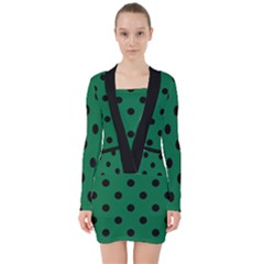 Large Black Polka Dots On Cadmium Green - V-neck Bodycon Long Sleeve Dress by FashionLane