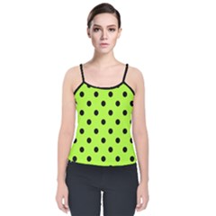 Large Black Polka Dots On Chartreuse Green - Velvet Spaghetti Strap Top by FashionLane