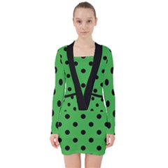 Large Black Polka Dots On Just Green - V-neck Bodycon Long Sleeve Dress by FashionLane