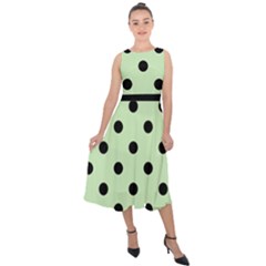 Large Black Polka Dots On Tea Green - Midi Tie-back Chiffon Dress by FashionLane