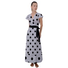 Large Black Polka Dots On Cloudy Grey - Flutter Sleeve Maxi Dress by FashionLane