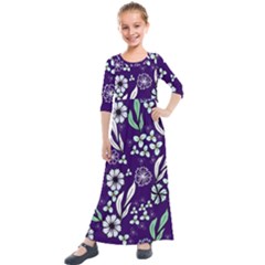 Floral Blue Pattern  Kids  Quarter Sleeve Maxi Dress by MintanArt