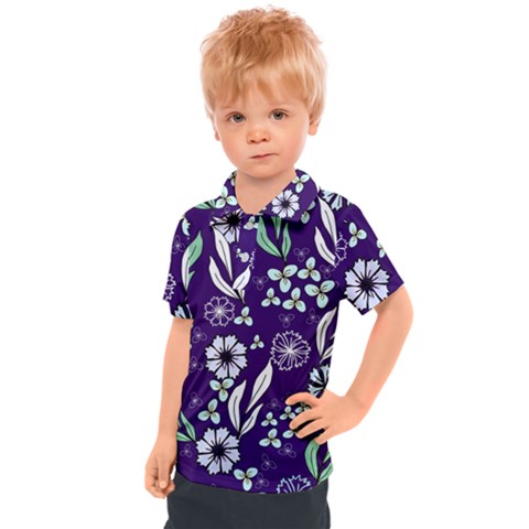 Floral Blue Pattern  Kids  Polo Tee by MintanArt