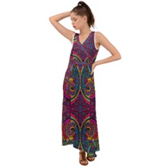 Colorful Boho Pattern V-neck Chiffon Maxi Dress by designsbymallika