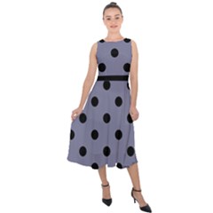 Large Black Polka Dots On Flint Grey - Midi Tie-back Chiffon Dress by FashionLane