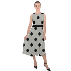 Large Black Polka Dots On Silver Cloud Grey - Midi Tie-back Chiffon Dress by FashionLane