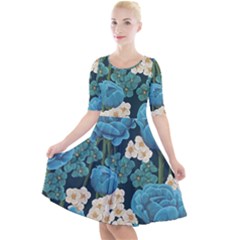 Blue Roses Quarter Sleeve A-line Dress by goljakoff