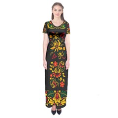 Russian Khokhloma Short Sleeve Maxi Dress by goljakoff