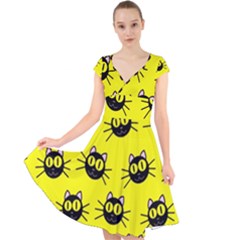 Cats Heads Pattern Design Cap Sleeve Front Wrap Midi Dress by Amaryn4rt