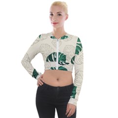 Green Monstera Leaf Illustrations Long Sleeve Cropped Velvet Jacket by HermanTelo