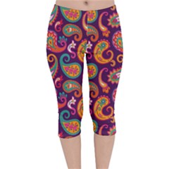 Paisley Purple Velvet Capri Leggings  by designsbymallika