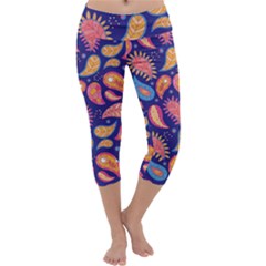 Blue Paisley Print 2 Capri Yoga Leggings by designsbymallika