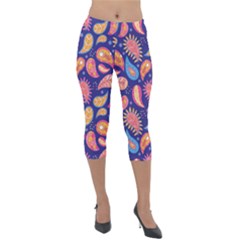 Blue Paisley Print 2 Lightweight Velour Capri Leggings  by designsbymallika